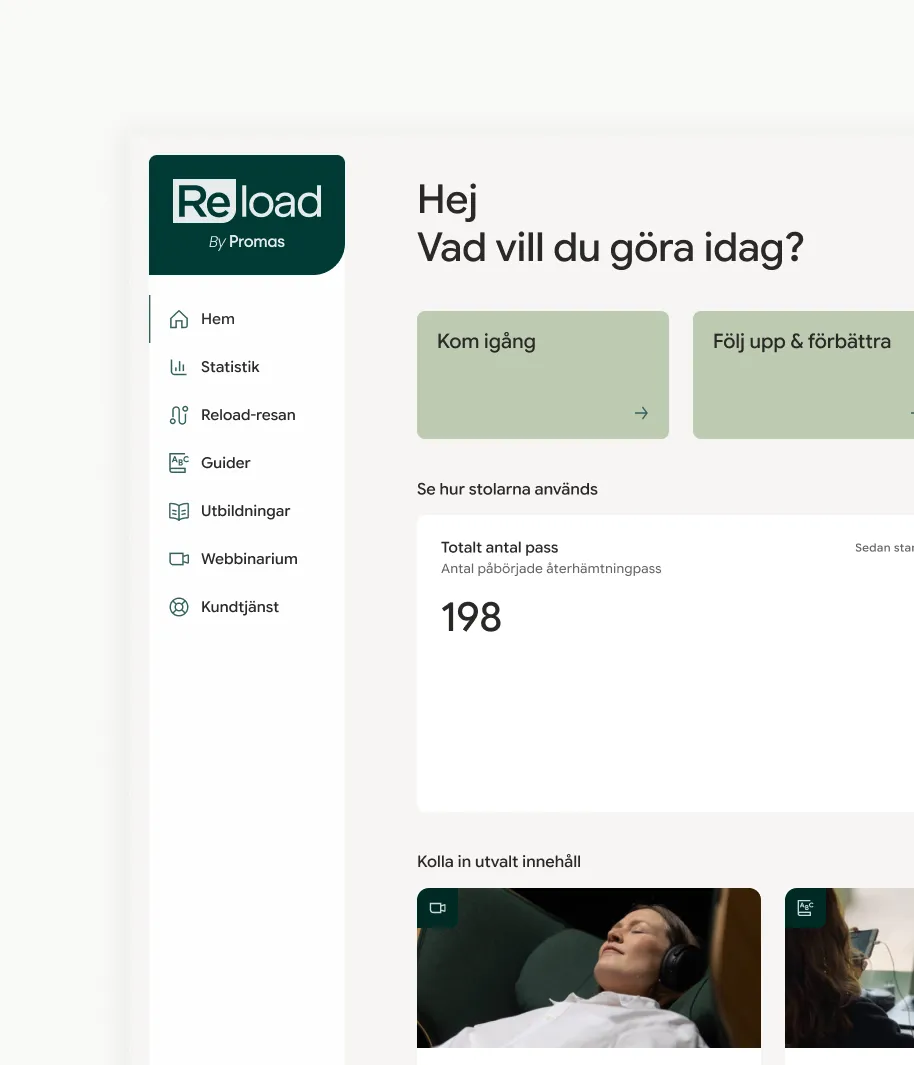 Skärmbild av Reload Hub med menyer och översikt
