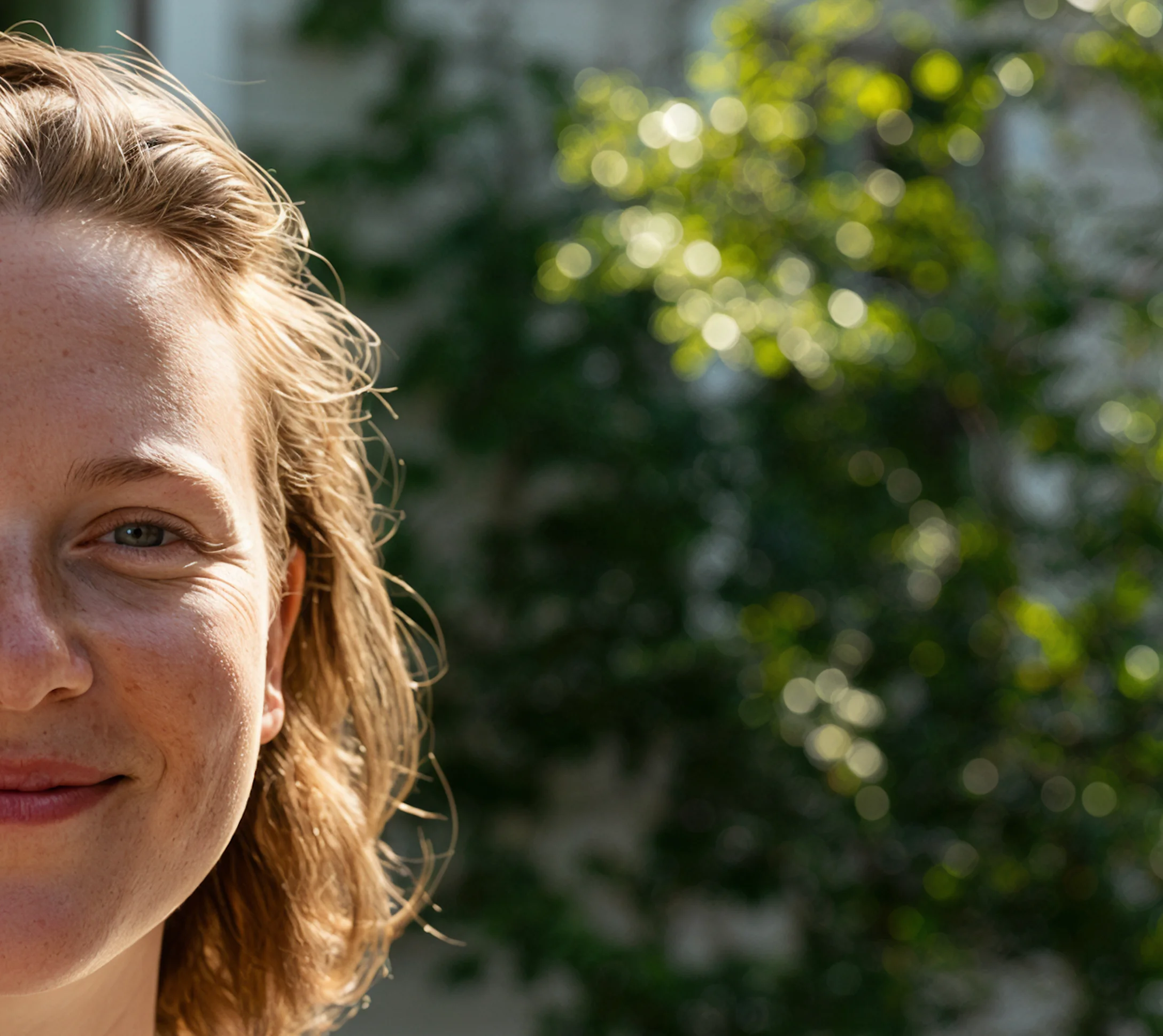 Leende kvinna utomhus bland grönska